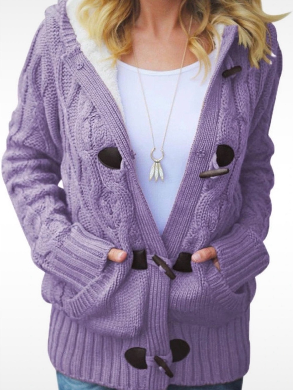 Cozy Lavender Cable-Knit Hooded Cardigan